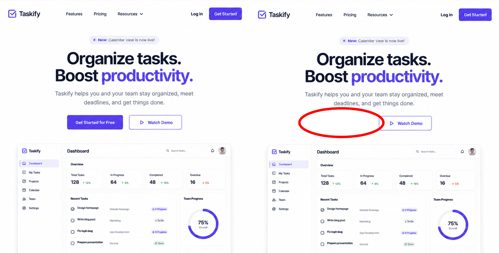Side-by-side screenshot comparison showing visual changes detected between two versions of a page